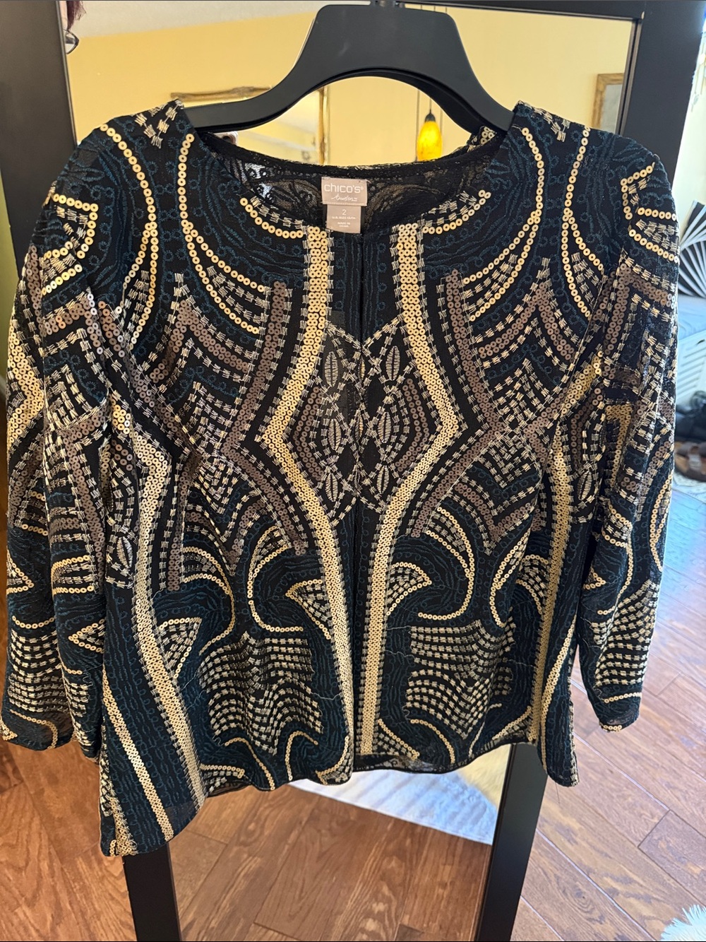 NEW Chico's Black and Gold Sequin Embellished Blouse